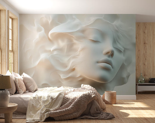 Dreamy Surreal Face Wall Mural – Soft Abstract Woman Portrait Art for Bedroom, Modern 3D Textured Look Wallpaper Vn265