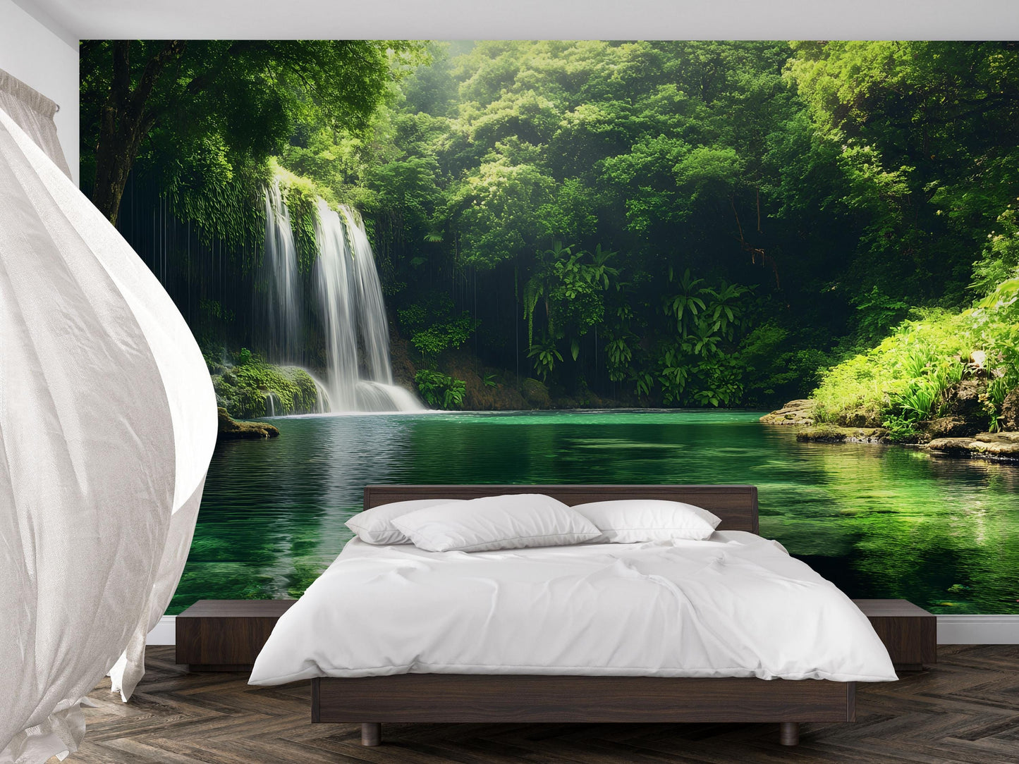 Waterfall Forest Wall Mural | Tranquil Nature Scene for Bedroom Decor | Lush Jungle Wall Art | Scenic Green Landscape Wallpaper Vn690