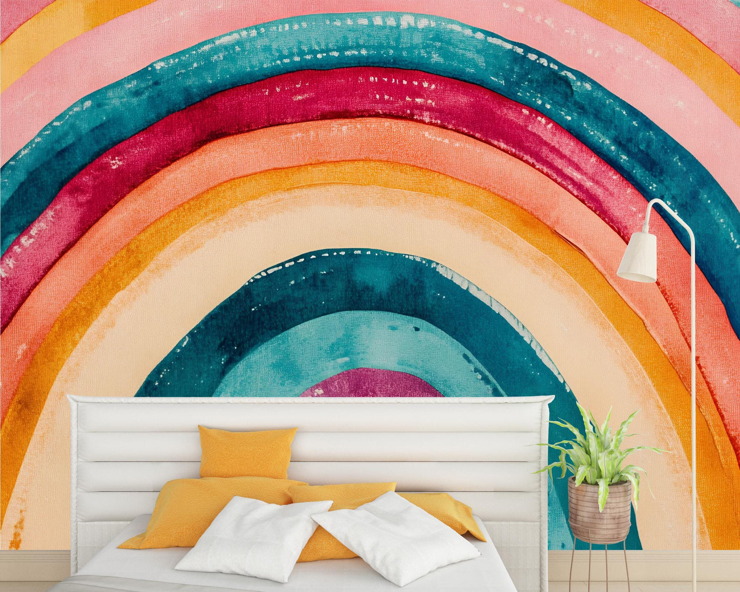 Colorful Watercolor Rainbow Wall Mural – Modern Geometric Bedroom Accent – Peel and Stick or Traditional Wallpaper Vn397