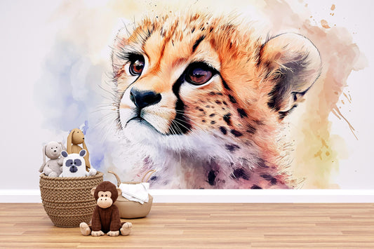 Watercolor Cheetah Cub Wall Mural – Safari Animal Nursery Art, Jungle Baby Room Decor, Cute Wildlife Wall Art for Kids Room Vn539