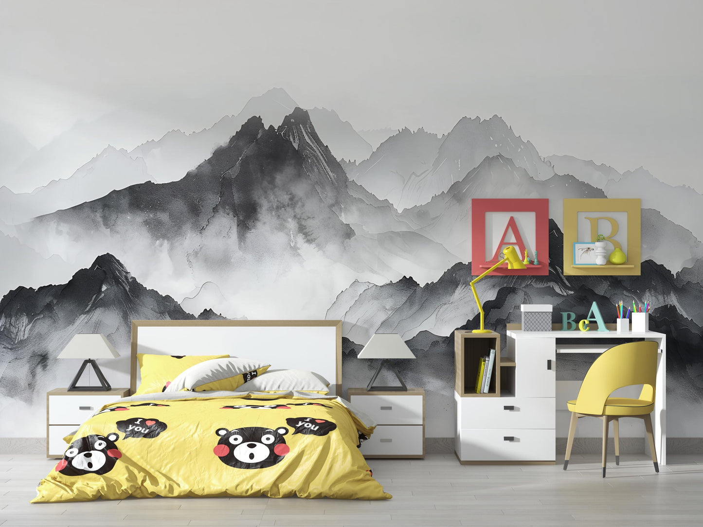 Mountain Wall Mural – Black and White Landscape Wallpaper, Misty Nature Accent Wall Decor for Bedroom or Living Room Vn1063