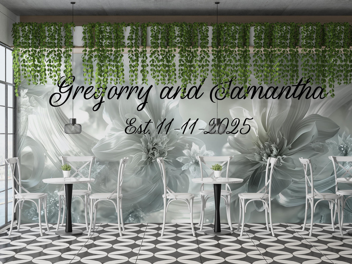 Custom Wedding Floral Wall Sign | Personalized Couple Name Backdrop | Modern Elegant Wedding Decor | Established Date Sign Vn513