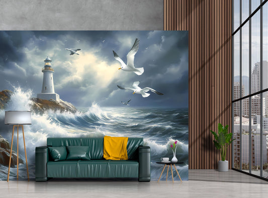 Lighthouse Ocean Wave Wall Mural – Stormy Sea Seagull Art Wallpaper, Coastal Nautical Decor Vn091