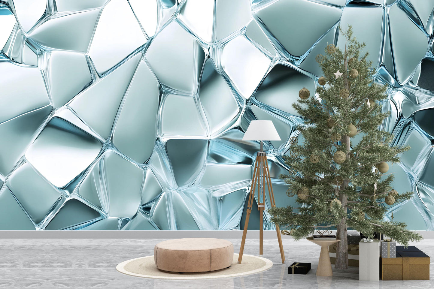 Abstract Glass Crystal Wall Mural – Modern 3D Ice Effect Wallpaper – Cool Blue Textured Accent Wall for Living Room or Office Vn656