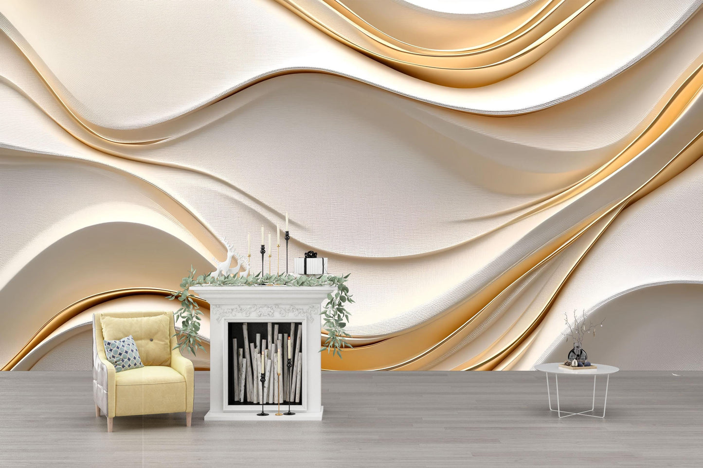 Elegant Gold Wave Wall Mural – Modern 3D Luxury Accent Wallpaper for Living Room or Bedroom Vn775