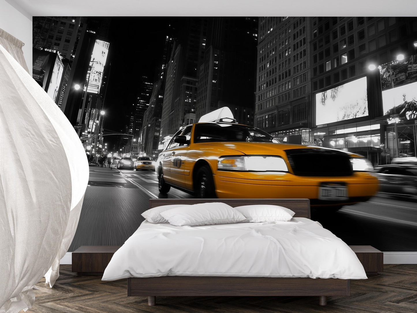 NYC Taxi Wall Mural – Yellow Cab Black White City Wallpaper Vn905