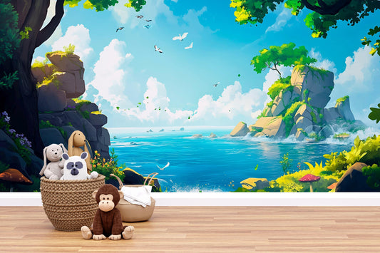 Whimsical Ocean Forest Wall Mural for Kids Room – Nature Landscape Wallpaper, Coastal Nursery Decor, Jungle Adventure Playroom Art Vn707