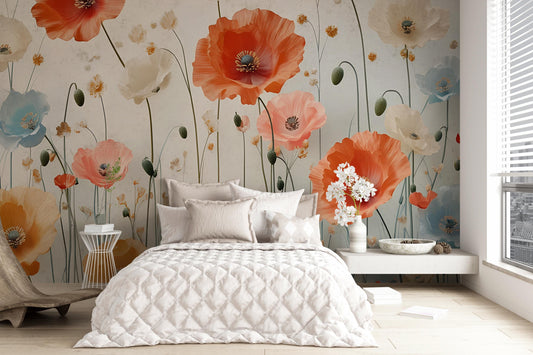 Large Poppy Flower Wall Mural – Colorful Botanical Wallpaper for Bedroom or Living Room Décor Vn332