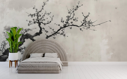 Japandi Cherry Blossom Wall Mural | Minimalist Nature Wallpaper Vn1041