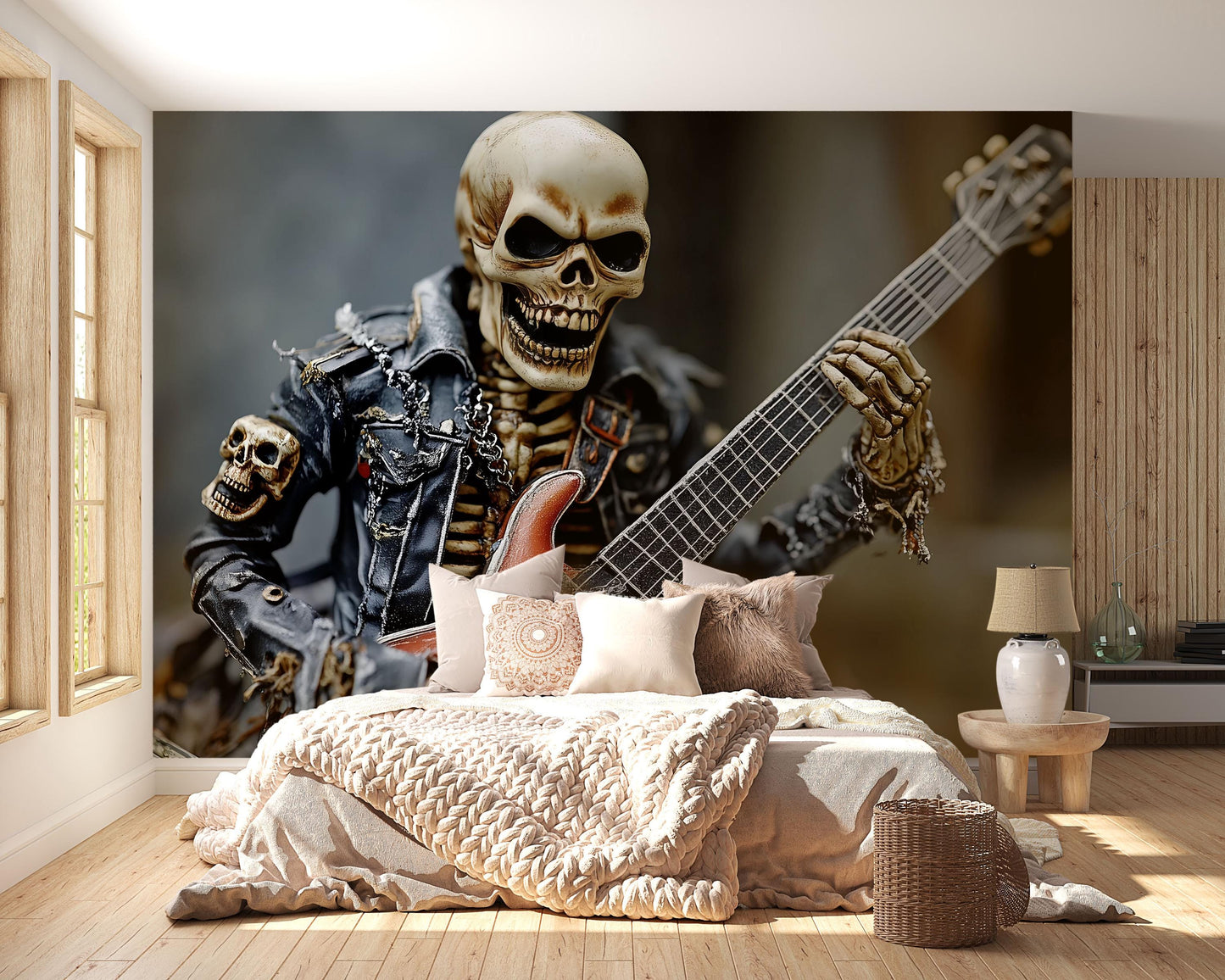 Skeleton Rock Guitarist Wall Mural – Heavy Metal Skull Art Poster – Gothic Punk Rock Room Decor – Cool Musician Wallpaper Vn721