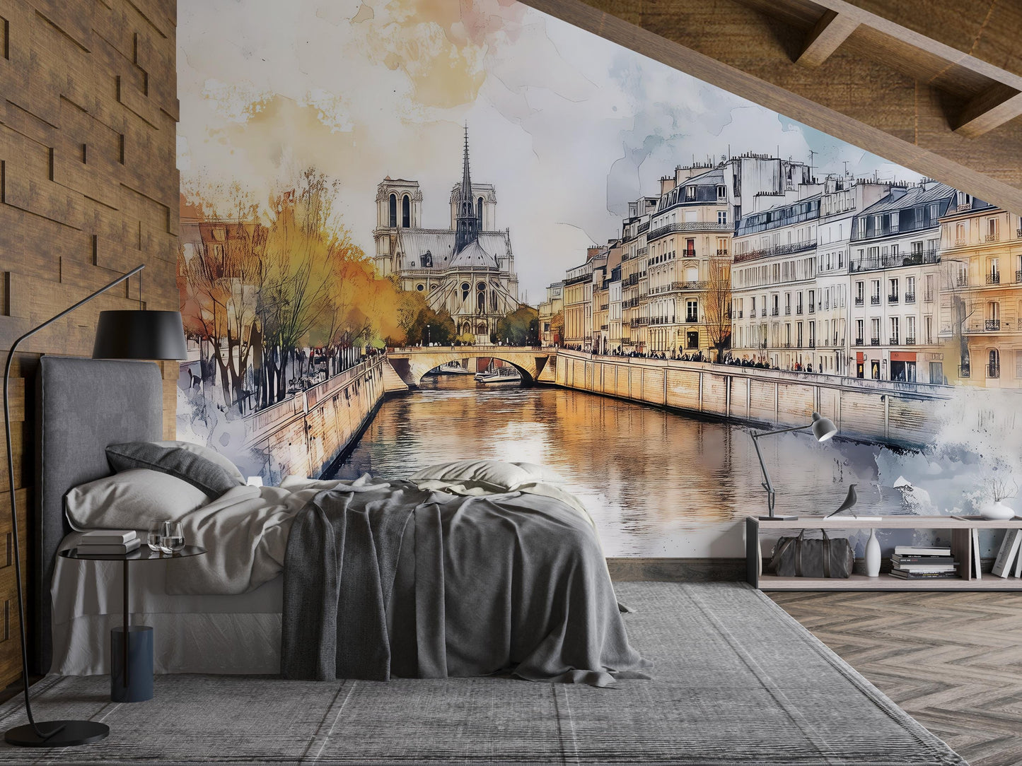 Notre Dame Wall Mural – Paris Watercolor Cityscape Wallpaper Vn929