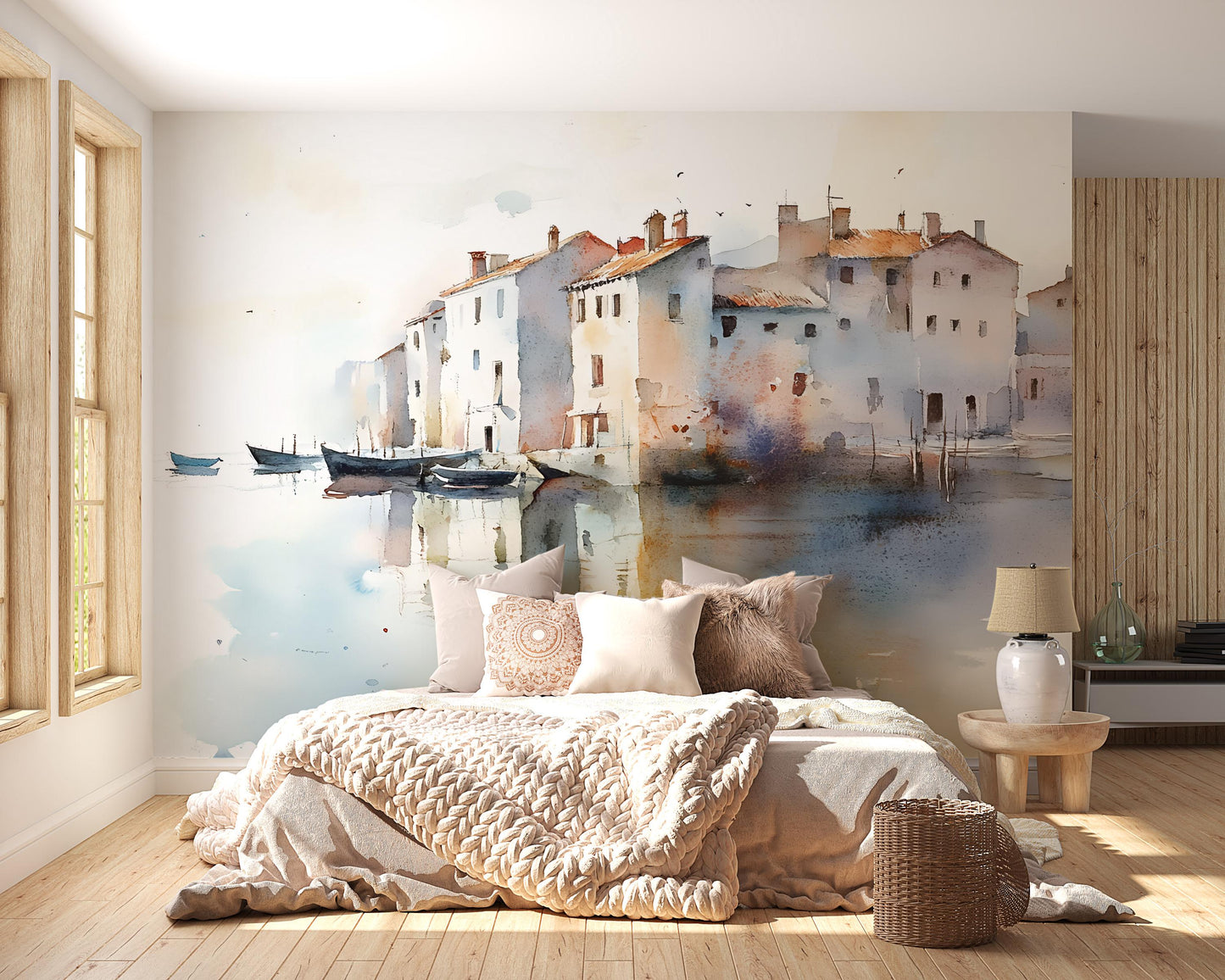 Watercolor Coastal Wall Mural | Venice-Inspired Wall Art | Removable Bedroom Wallpaper | Mediterranean Art Décor Vn548