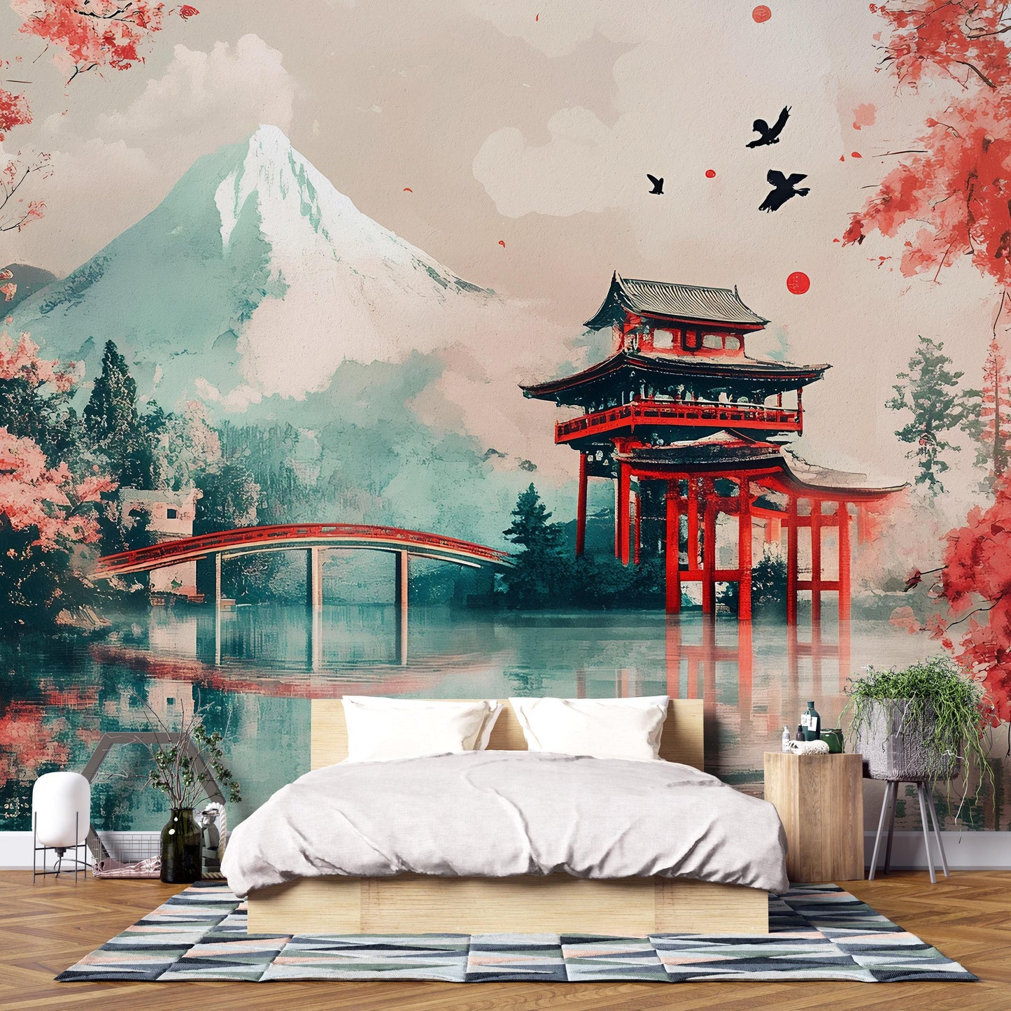 Japanese Mural Wall Art | Mountain Temple Landscape | Cherry Blossom & Pagoda | Asian Aesthetic Wallpaper | Tranquil Decor Vn492