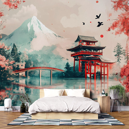 Japanese Mural Wall Art | Mountain Temple Landscape | Cherry Blossom & Pagoda | Asian Aesthetic Wallpaper | Tranquil Decor Vn492