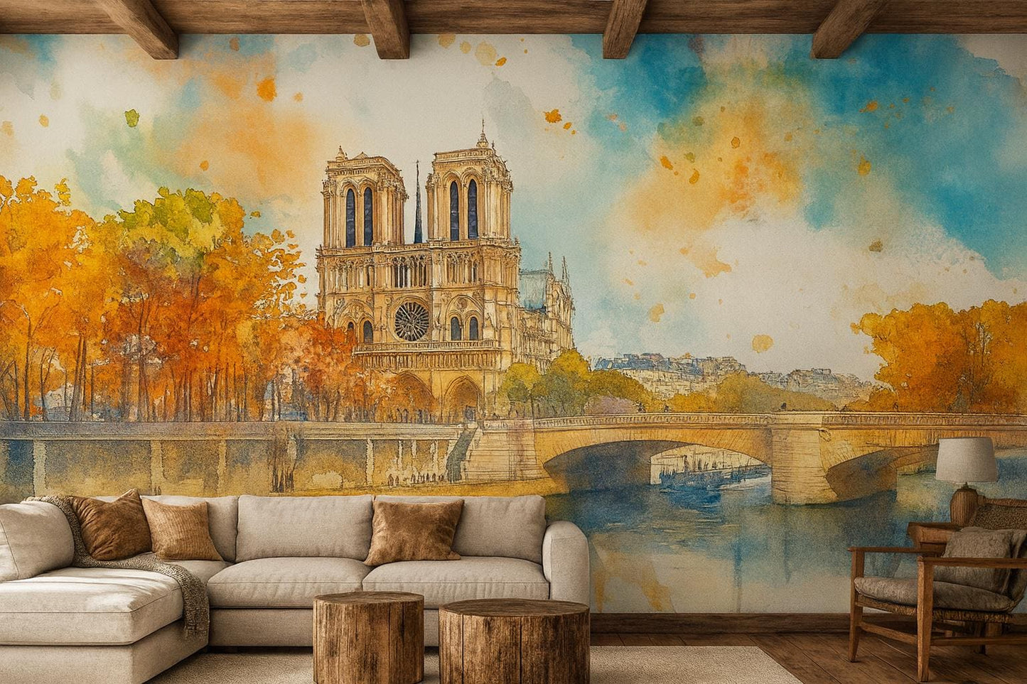 Notre Dame Paris Wall Mural – Watercolor Cathedral Wallpaper Vn932