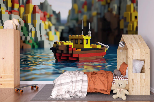 Lego Toy Boat Wall Mural | Kids Room Nautical Decor | Colorful Ocean Theme Wallpaper | 3D Playroom Art | Boys Girls Nursery Print Vn593