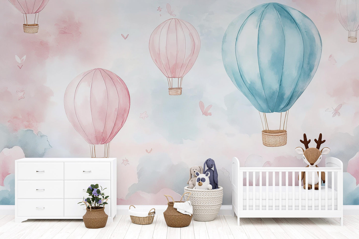 Hot Air Balloon Mural – Pink Blue Cloud Wallpaper Kids Nursery Wall Decor Vn996