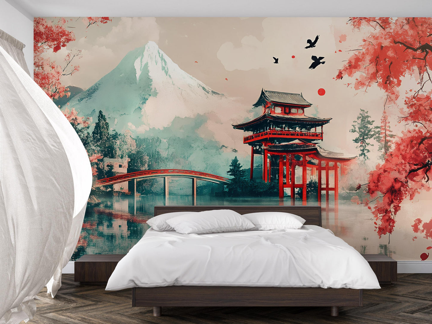 Japanese Mural Wall Art | Mountain Temple Landscape | Cherry Blossom & Pagoda | Asian Aesthetic Wallpaper | Tranquil Decor Vn492