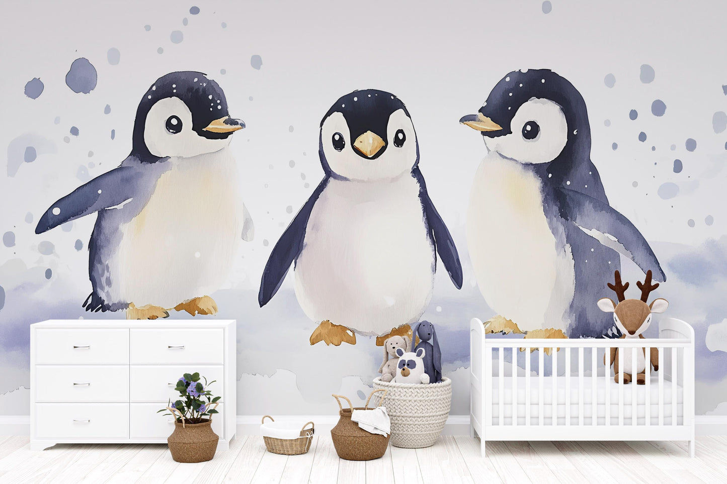 Watercolor Penguin Wall Mural | Nursery Wall Art | Kids Room Wallpaper | Arctic Animal Wall Decor | Cute Baby Penguin Wall Decal Vn518