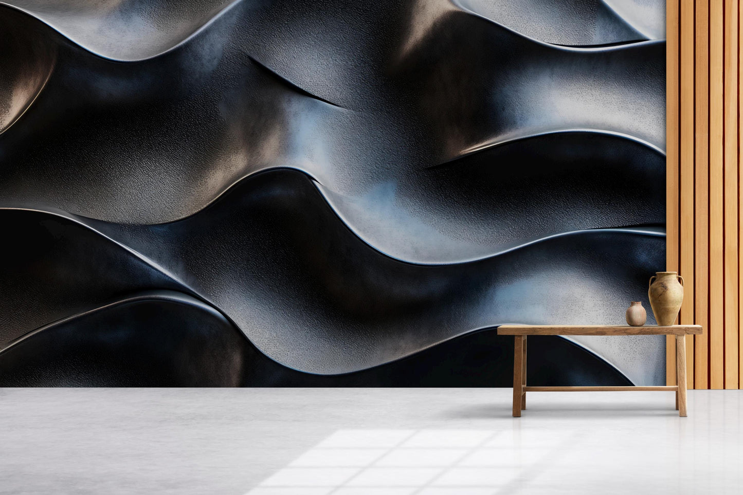 Black Wave Textured Wall Art | Modern 3D Abstract Wallpaper Mural | Luxury Dark Interior Accent Vn591