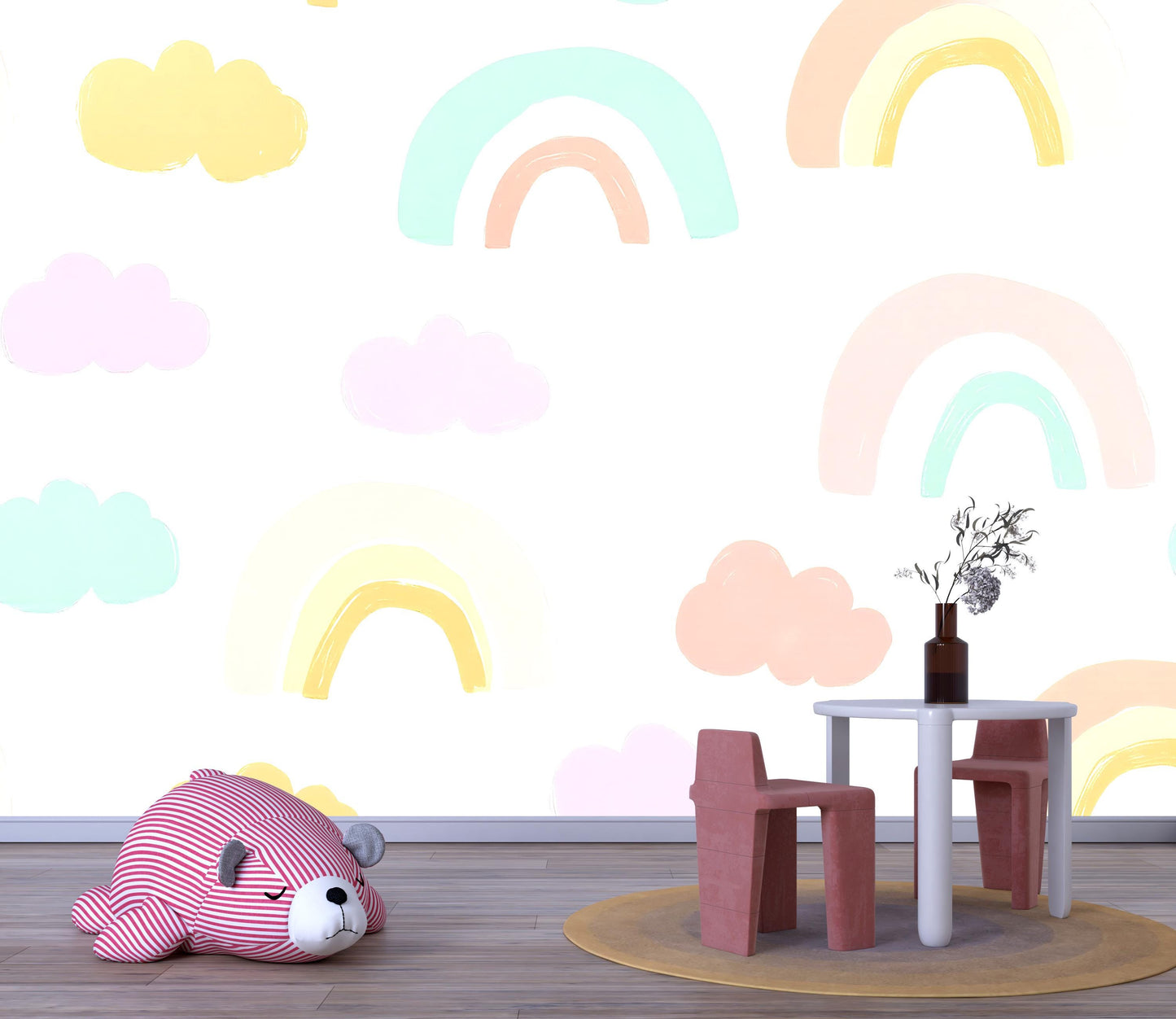 Pastel Rainbow Wall Mural – Cute Kids Room Wallpaper with Clouds for Nursery Decor Vn981