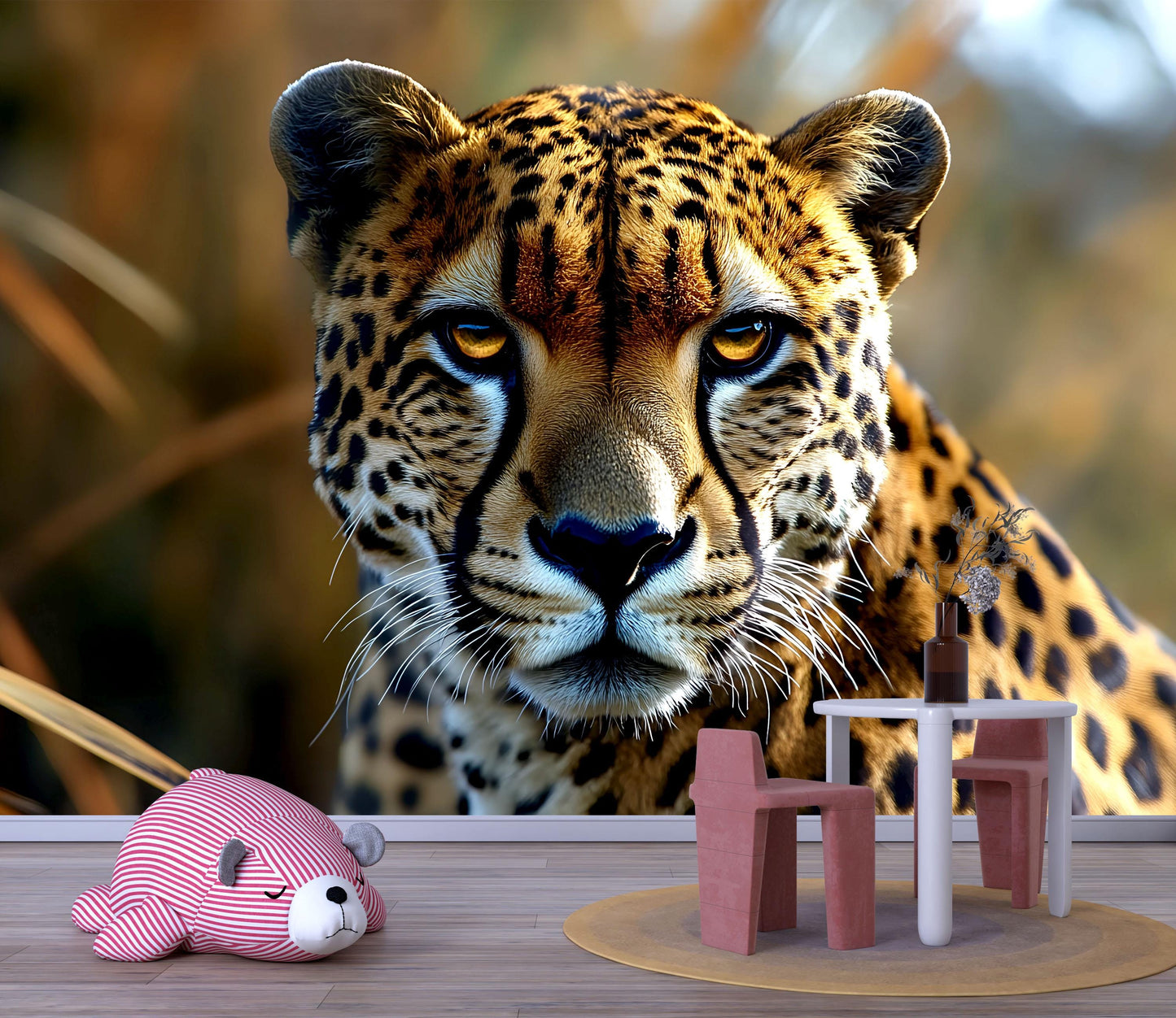 Cheetah Face Wall Mural – Realistic Big Cat Wildlife Wallpaper for Bedroom or Living Room Vn780