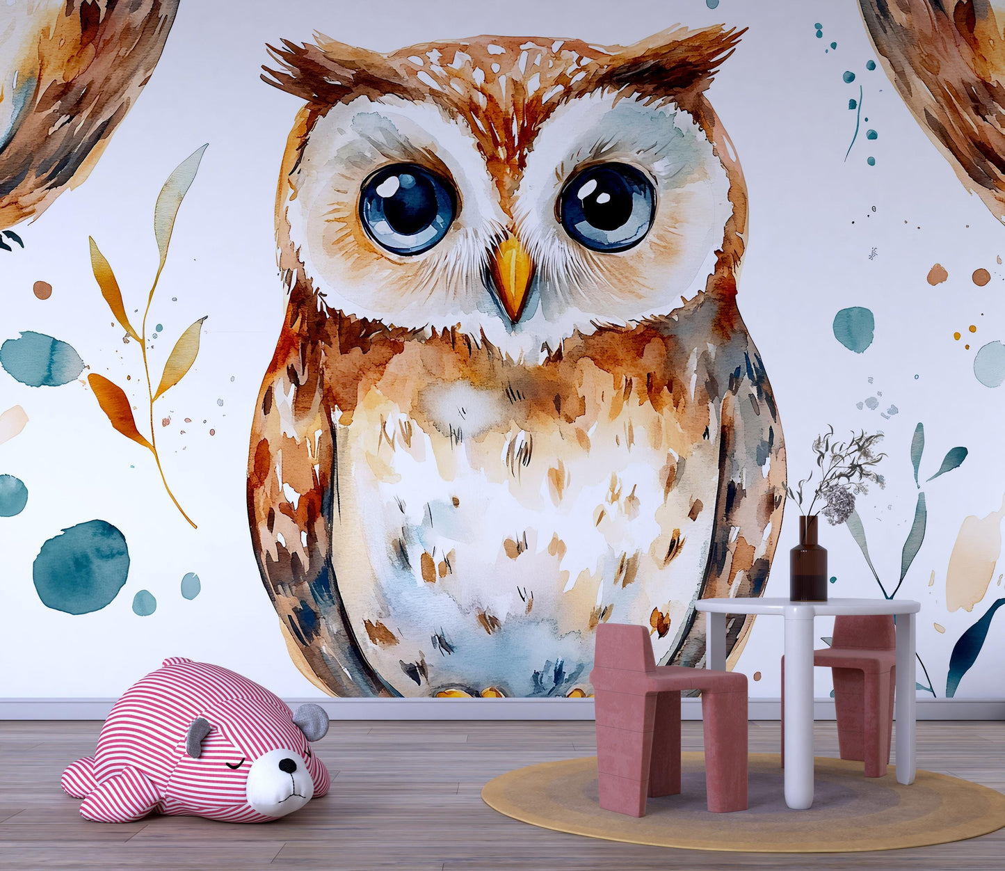 Watercolor Owl Wall Mural for Kids Bedroom | Large Woodland Animal Wallpaper Vn495