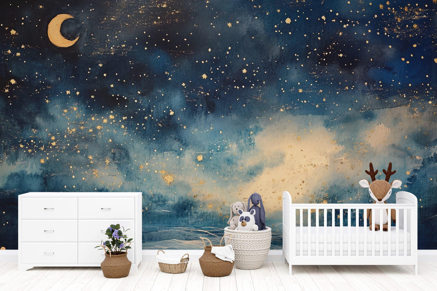 Night Sky Wall Mural – Moon and Stars Nursery Wallpaper, Dreamy Galaxy Accent Wall for Kids Room or Baby Nursery Vn854