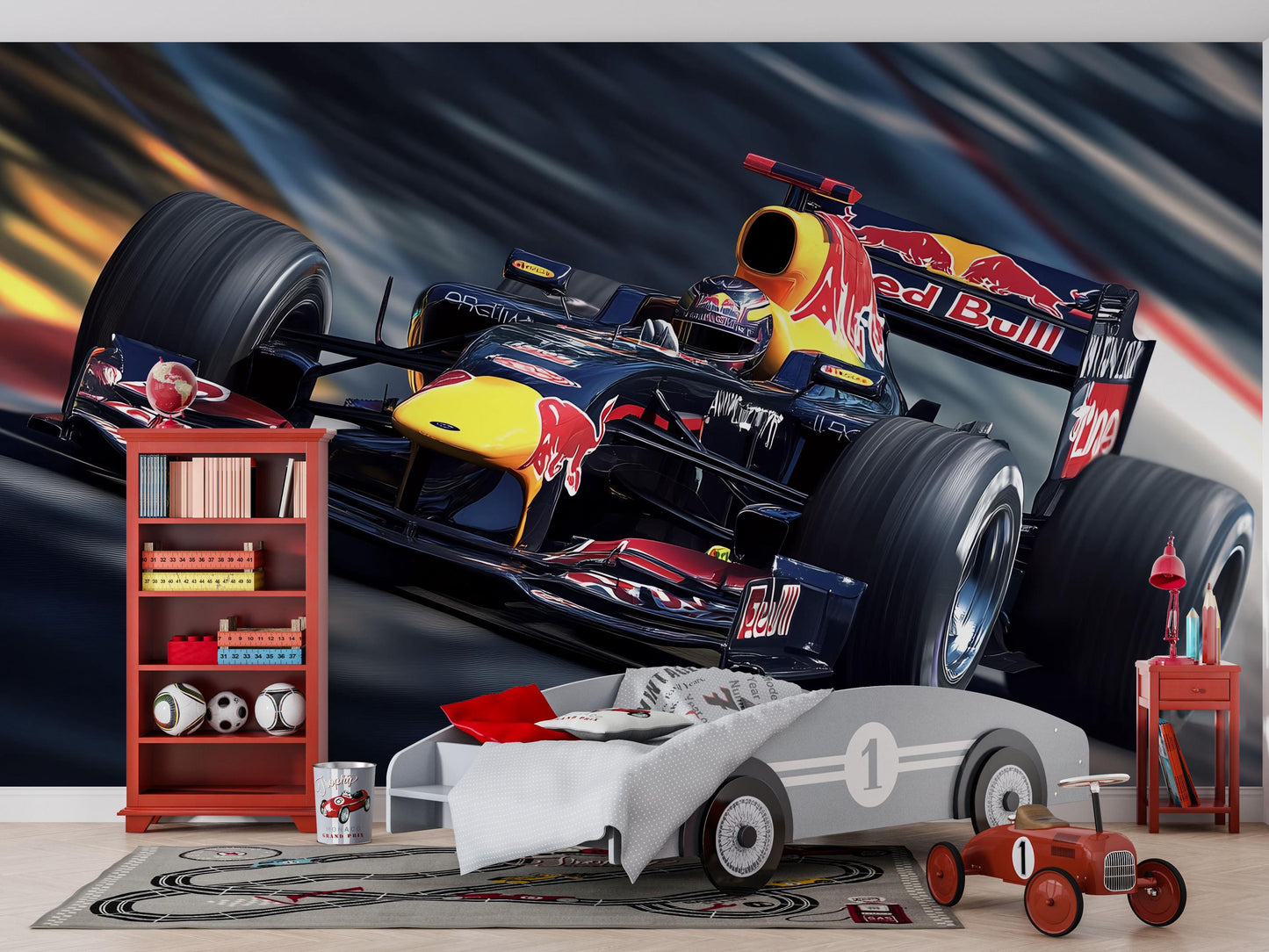 Red Bull Formula 1 Wall Mural – Racing Car Wallpaper for Boys Bedroom & Gamer Room Vn877