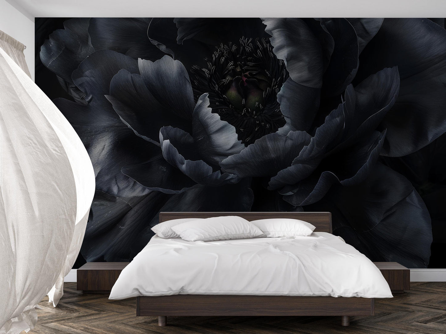 Black Floral Mural Wallpaper – Dark Oversized Peony Wall Art for Bedroom Décor Vn1048