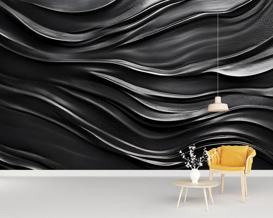 Modern Black Wave Wall Mural – 3D Textured Abstract Wallpaper, Bold Dark Wall Art for Living Room, Bedroom, Office Decor Vn235