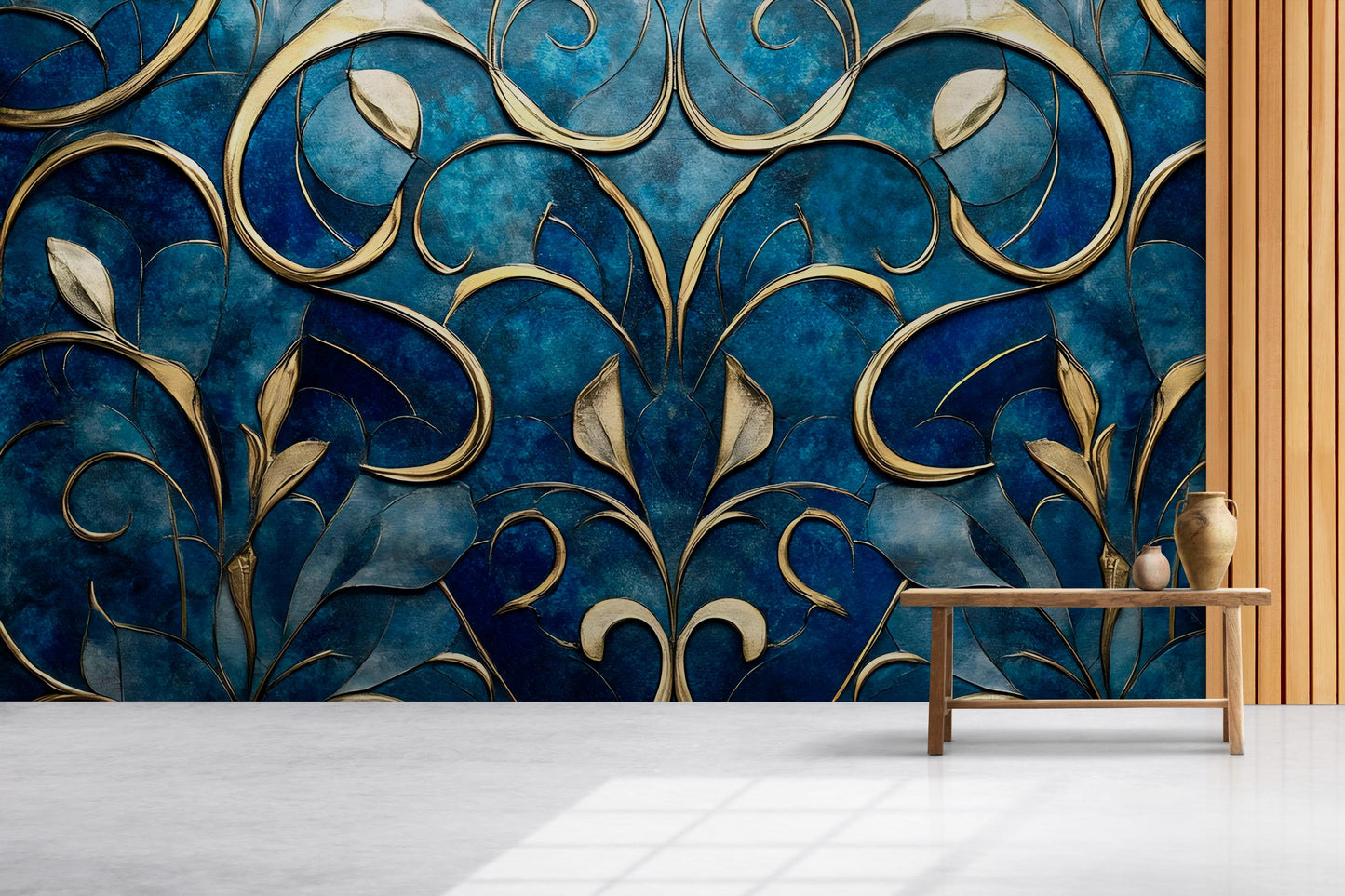 Luxury Blue & Gold Abstract Floral Wall Mural | Elegant 3D Effect Wallpaper for Living Room, Bedroom, Office Vn756