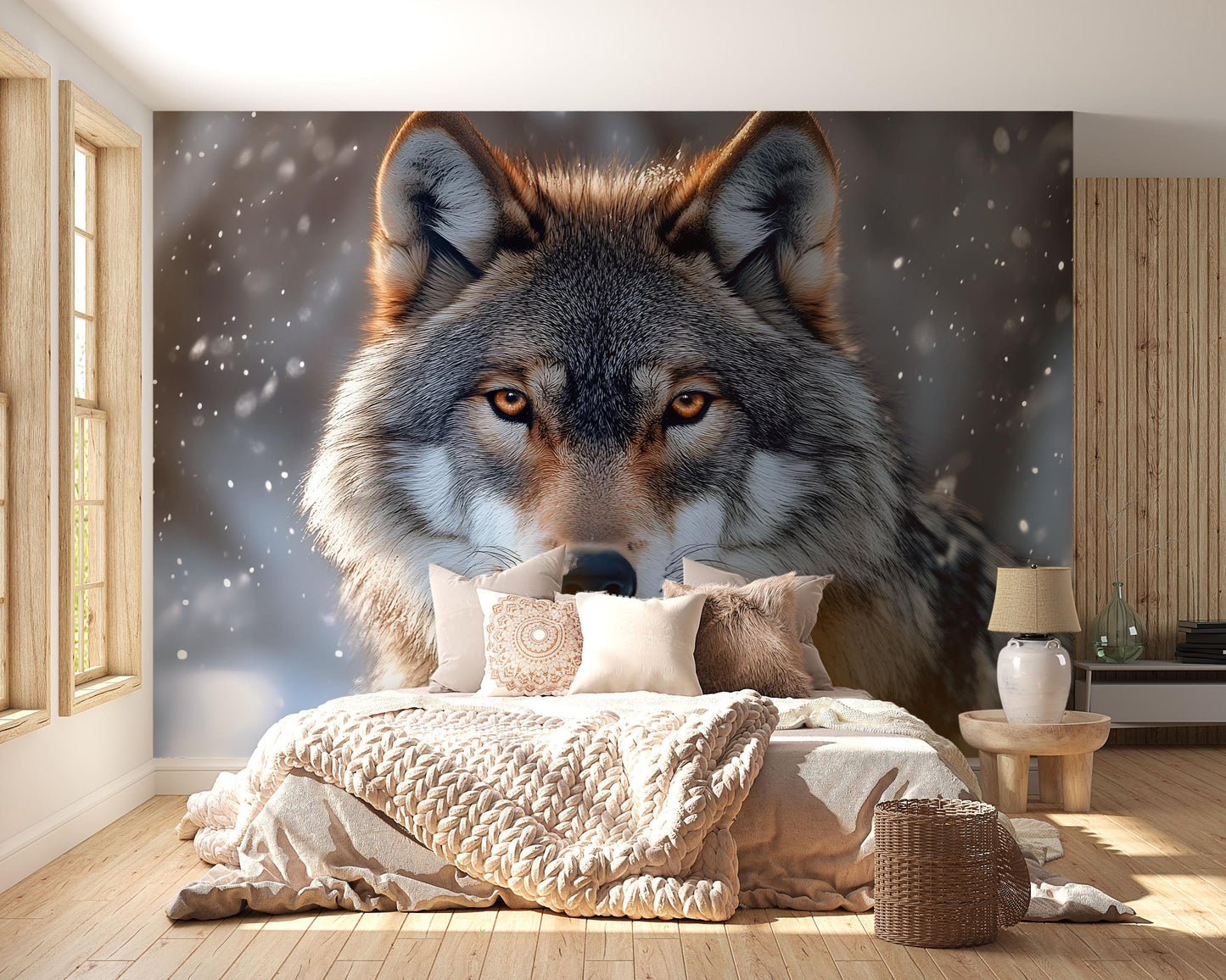 Wolf Wall Mural for Bedroom, Snowy Winter Animal Art, Large Forest Wolf Wallpaper Vn607