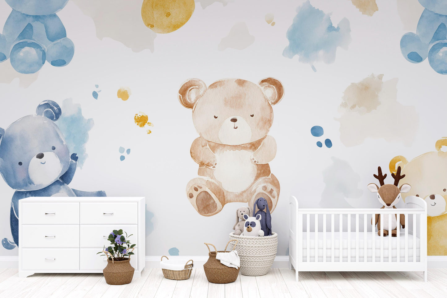 Watercolor Teddy Bear Wall Mural – Nursery Peel & Stick Wallpaper – Cute Animal Kids Room Décor – Gender Neutral Baby Wall Art Vn499
