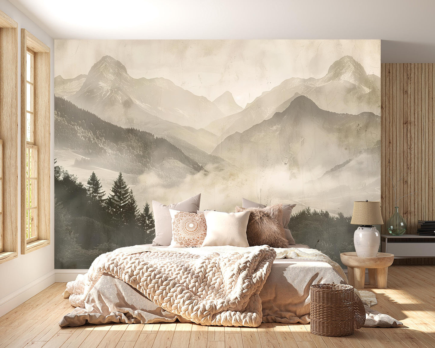 Sepia Mountain Wall Mural – Foggy Forest Landscape Wallpaper for Bedroom Vn1008