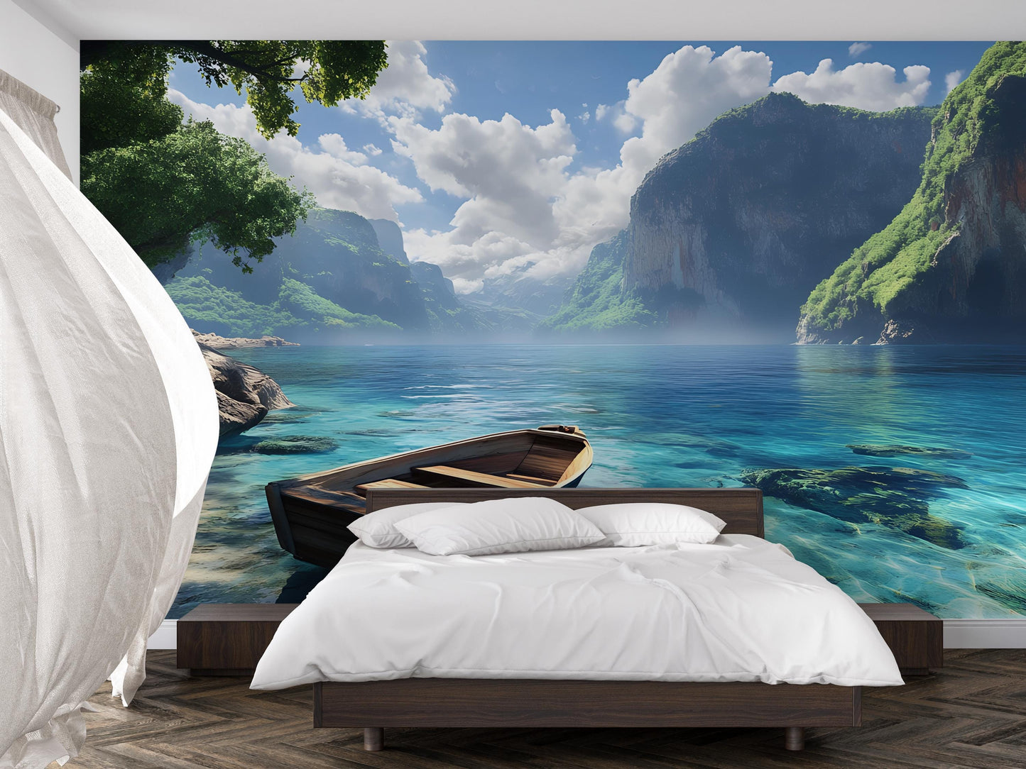 Scenic Lake Mountain Wall Mural for Bedroom | Nature Landscape Wallpaper | Tranquil Lake Wall Art | Serene Retreat Wall Decor Vn573