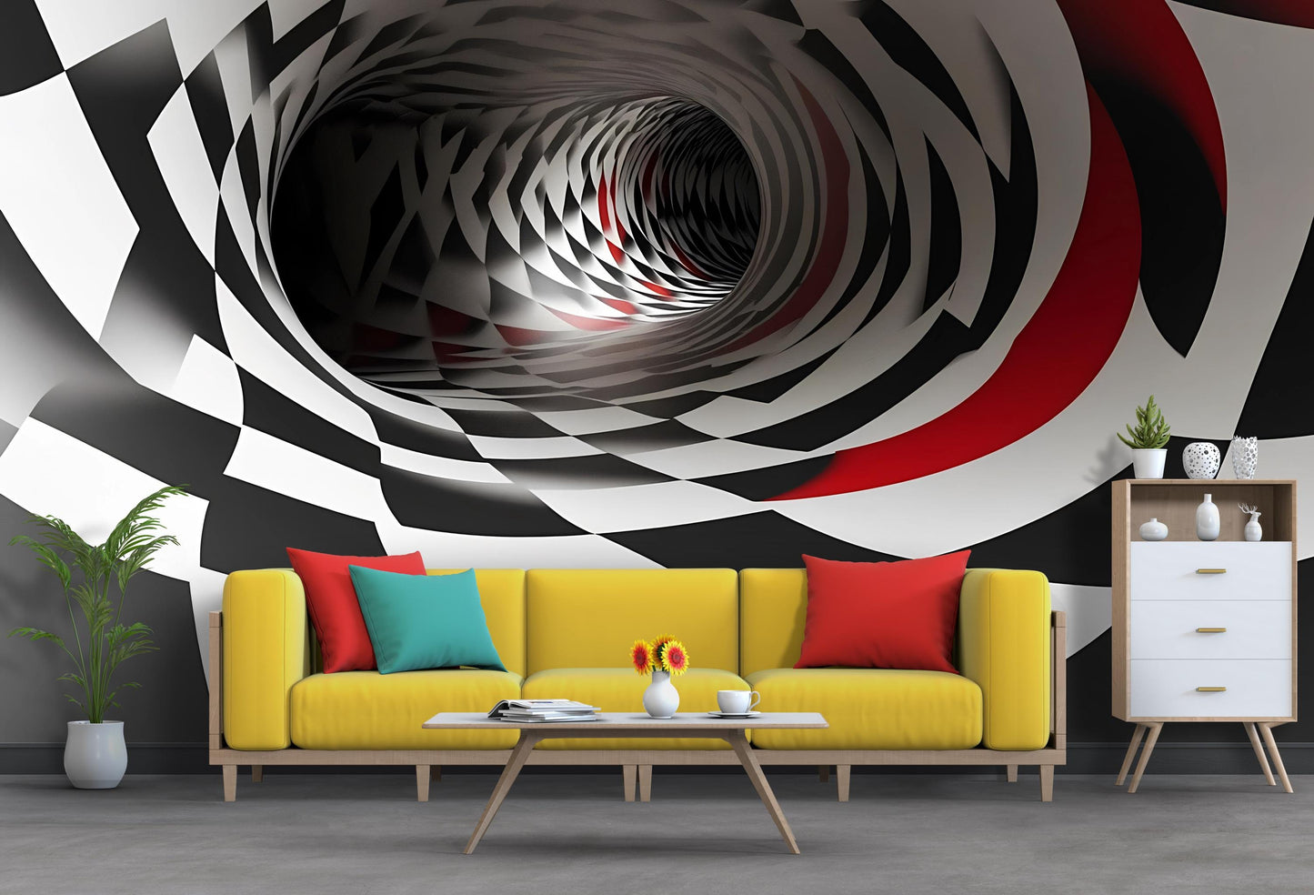 3D Tunnel Wall Mural – Black Red Optical Illusion Wallpaper Vn906