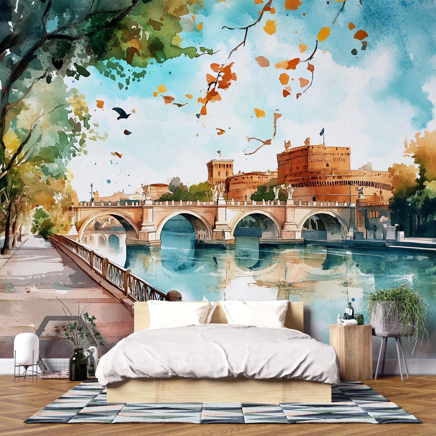 Rome Castel Sant’Angelo Wall Mural – Watercolor Italy Bridge & River Wallpaper Vn923