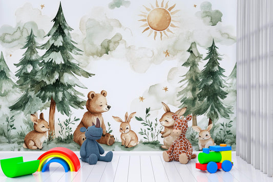 Woodland Animal Nursery Wall Mural – Forest Bear Bunny Giraffe Wallpaper – Kids Room Décor, Watercolor Nature Theme Vn002