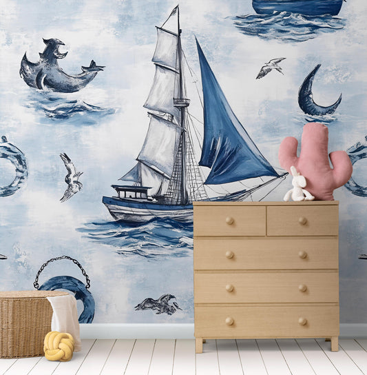 Nautical Sailboat Wall Mural for Kids Room – Ocean Theme Wallpaper with Sea Animals, Blue Boat, Seagulls, and Waves Vn071