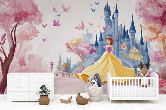 Princess Castle Wall Mural for Girls Room – Fairy Tale Wallpaper with Butterflies & Princess – Removable Kids Room Decor Vn278