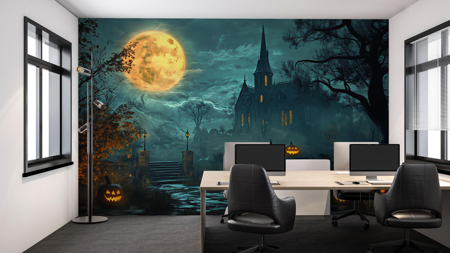 Haunted Church Halloween Wall Mural – Spooky Full Moon and Jack-o’-Lantern Wallpaper Vn790