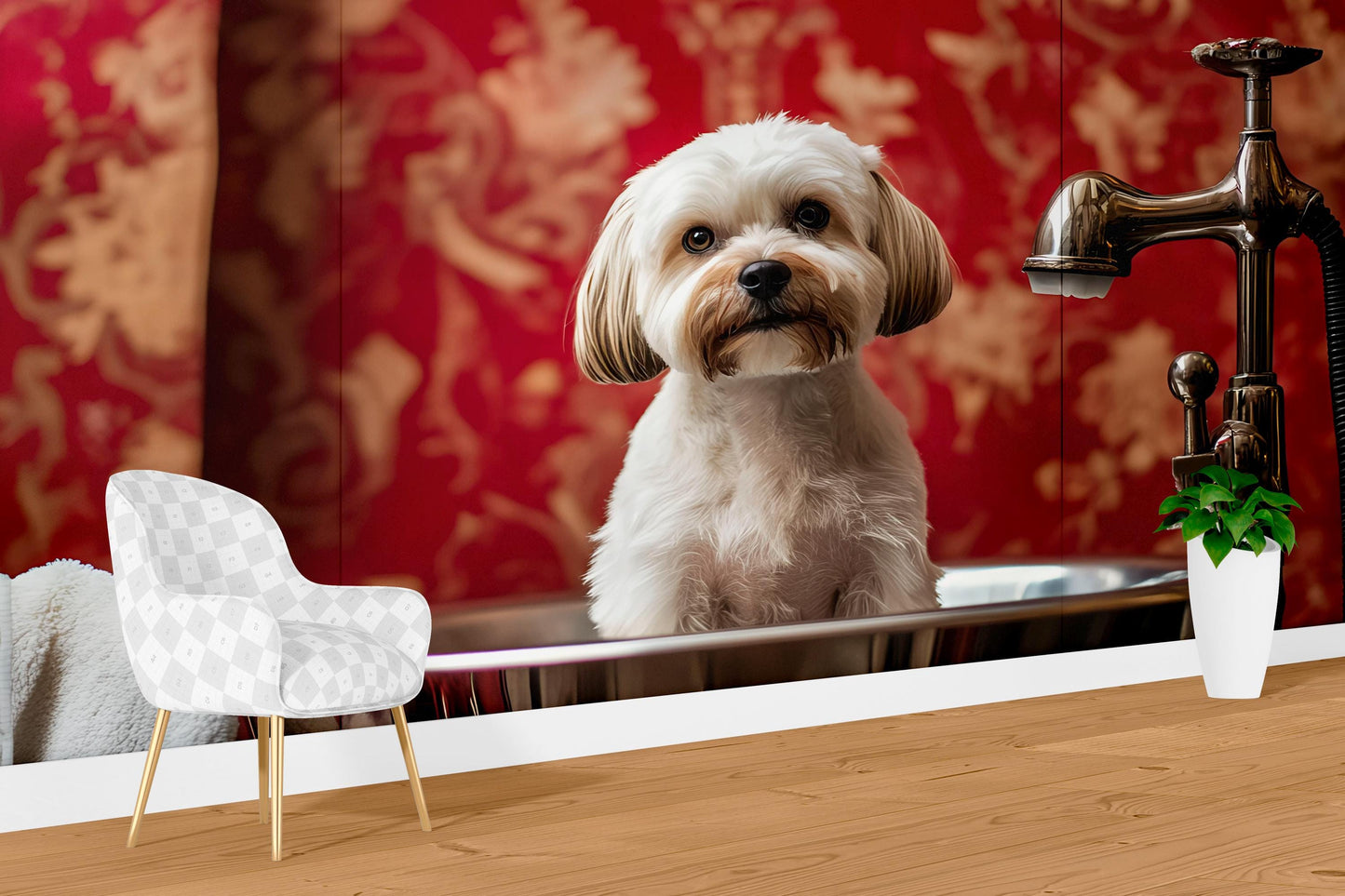 Whimsical Dog Bathroom Art Print – Cute White Dog in Bathtub with Mini Chair & Sleeping Pup – Funny Dog Wall Decor for Pet Lovers Vn666