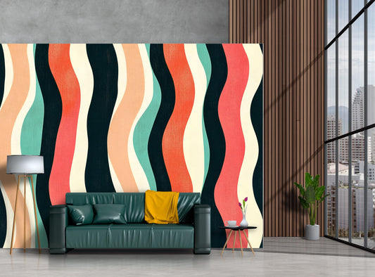 Retro Wavy Stripes Wallpaper – Bold Colorful Wall Mural Vn1020