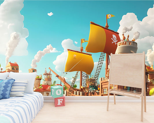 Pirate Ship Nursery Wall Mural, Ocean Adventure Wallpaper, Kids Pirate Room Decor Vn 304
