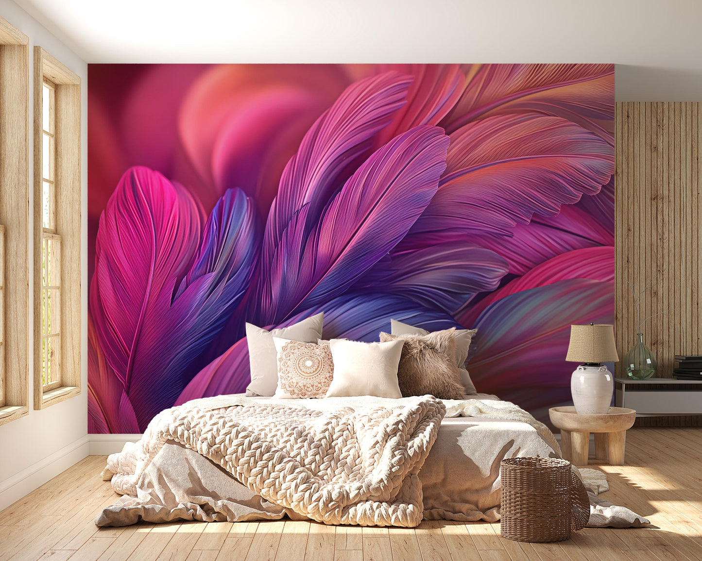 Large Boho Feather Wall Mural - Colorful Pink Purple Bedroom Wallpaper - Removable Peel and Stick Accent Wall Art Vn592