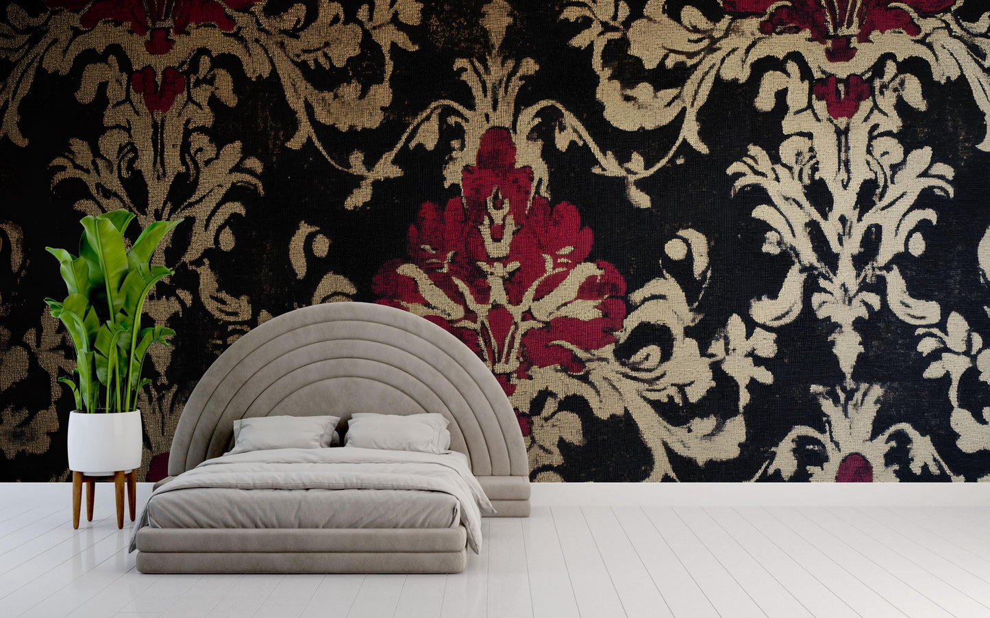 Luxury Baroque Floral Wallpaper – Black, Gold & Red Damask Tapestry Wall Mural for Bedroom or Accent Wall Vn640