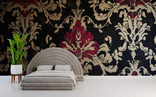 Luxury Baroque Floral Wallpaper – Black, Gold & Red Damask Tapestry Wall Mural for Bedroom or Accent Wall Vn640