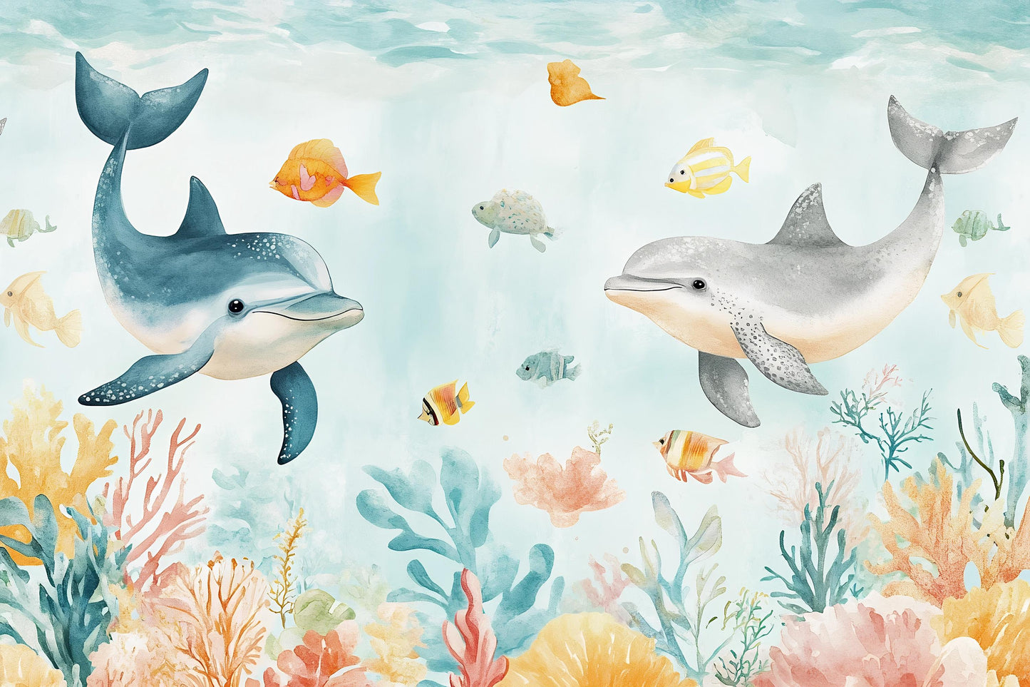 Dolphin Wall Mural – Ocean Nursery Wallpaper with Coral Reef & Colorful Fish Vn989