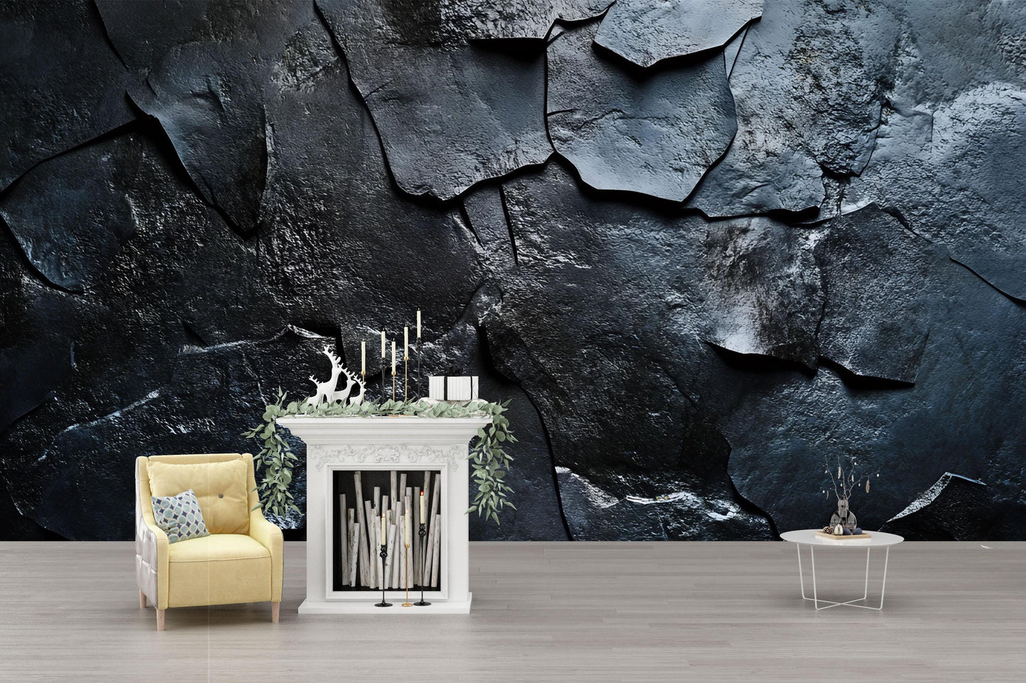 Modern Black Rock Texture Wallpaper – Bold Dark Stone Wall Mural for Living Room, Office, or Studio – Industrial Style Décor Vn653